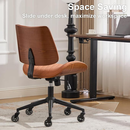 Armless Office Chair with Wheels, Ergonomic Leather Chair, Mid Back 360 Swivel Computer Chair, Modern Walnut Desk Chair for Small Space, Reading, Meeting Room, Brown, Faux Leather