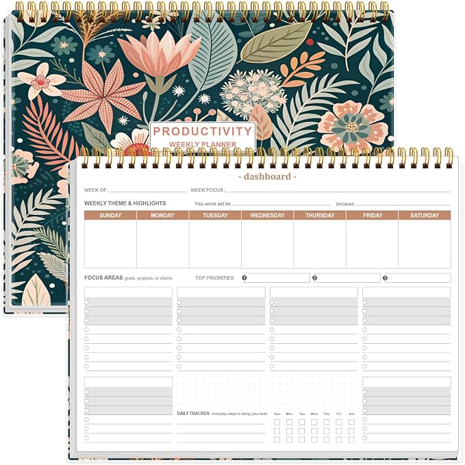 Weekly Productivity Planner - 8.5" x 11" Dashboard Desk Notepad Has 6 Focus Areas to List Tasks for Goals, Projects, Clients, Academic or Meal-Organize Your Daily Work Efficiently, 54 Weeks, Flower-C