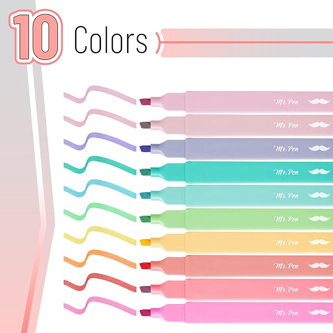 Mr. Pen- Aesthetic Highlighters No Bleed, 10 Pack, Pastel Colors | Chisel Tip, Cute Highlighters Assorted Colors for Journaling, Highlighting, Underlining, Fast Dry, Back to School Supplies