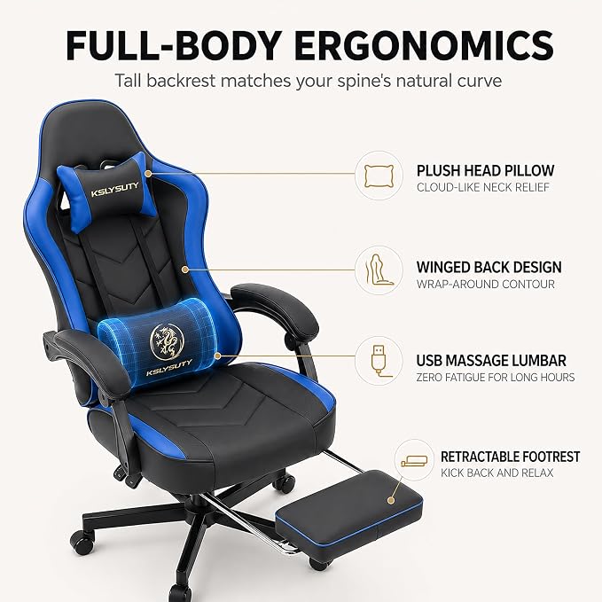 Office Desk Computer Gaming Chair for Adults, Ergonomic High Back Gamer Chair with Massage and Pocket Spring Cushion, Swivel Comfy Video Game Chairs with Footrest and Lumbar Support (Black Blue)