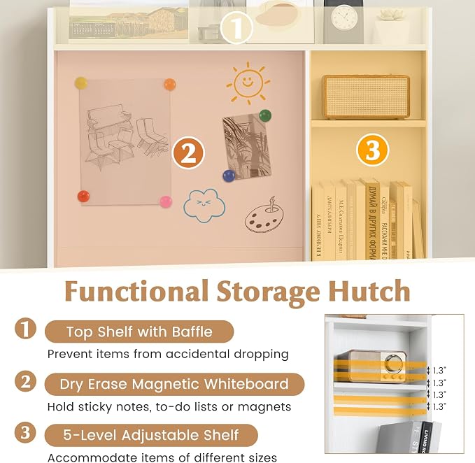 Tangkula Computer Desk with Hutch, Space Saving Laptop Desk with Magnetic Whiteboard, Keyboard Tray, Storage Shelves, Cable Holes, Home Office Desk with Bookshelf, Modern Writing Table (White)