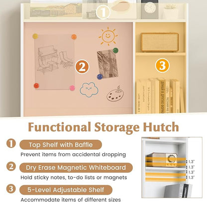 Tangkula Computer Desk with Hutch, Space Saving Laptop Desk with Magnetic Whiteboard, Keyboard Tray, Storage Shelves, Cable Holes, Home Office Desk with Bookshelf, Modern Writing Table (White)
