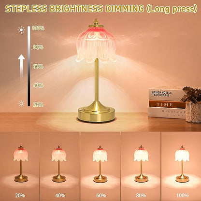 Cordless Lotus Flower Table Lamp, 5200mAh Rechargeable Battery Operated Portable Lamp, 3-Color Dimmable Touch Control Small Desk Lamp for Bedroom, Office, Kitchen, Nightstand,Room Decor (Pink)