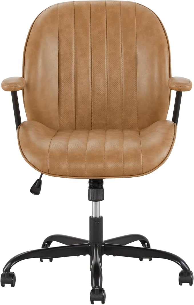 KISLOT Ergonomic Home Office Chair with Removable Arms, Adjustable Swivel Desk Chair with Wheels, Modern Faux Leather Computer Chair with Lumbar Support, Set of 2, Camel Brown