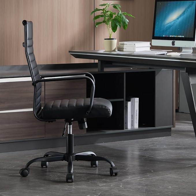 Conference Room Chairs, Ergonomic Executive Office Chair, Ribbed Leather Desk Chair with Lumbar Support, Adjustable Height Mid-Back Swivel Chair with Padded Seat
