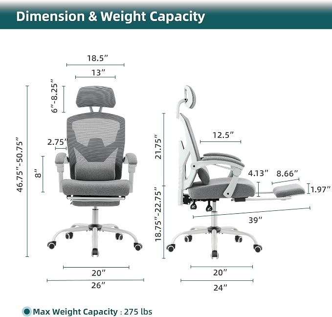 DUMOS Home Office Desk Chair with Footrest, High-Back Mesh Rolling Swivel Reclining Chairs with Wheels, Comfortable Headrest, Lumbar Support, Comfy Arms for Home, Office, Gaming, Student,Elegant Grey