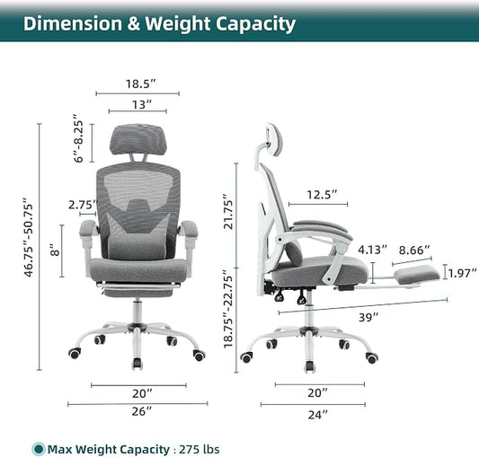 DUMOS Office Desk Computer Chair with Footrest, Ergonomic Mesh Swivel Gaming Chair with Rolling Wheels, Comfortable Headrest, Lumbar Support, Comfy for Home, Office, Task, Student, Elegant Grey