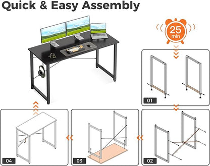 Casaottima 48 Inch Small Computer Desk for Home Office, Study Writing Table for Small Spaces, Simple Modern Desk with Headphone Hooks, Pure Black