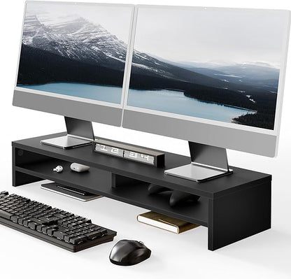 Fenge Monitor Stand, 31.5 Inch Computer Monitor Riser for Desk, 2 Tiers Wood Desk Shelf with Storage, Desktop Organizer for PC, Laptop, Screen, Printer