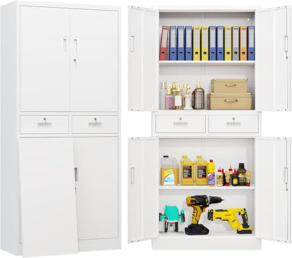 BESFUR Metal Storage Cabinet with 2 Drawers and Adjustable Shelves, 71" H Reinforced Heavy Duty Locking Storage Cabinet for Office, Garage, Home, School, Utility(White)