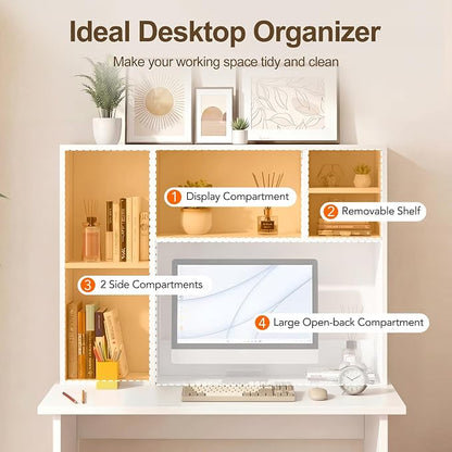 ZIFTY Desk Hutch with 6 Shelves, 37.4" Desktop Bookshelf Organizer for Monitor up to 27", Hutch Top for Computer Desk, Countertop Storage Shelf Wood Display Rack for Office Home Dorm, White