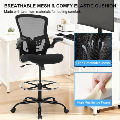 Drafting Chair, Ergonomic Tall Office Chair with Lumbar Support Standing Desk Stool with Flip-up Armrests Comfy High Office Desk Chair with Adjustable Foot Ring for Counter Height Desk, Black