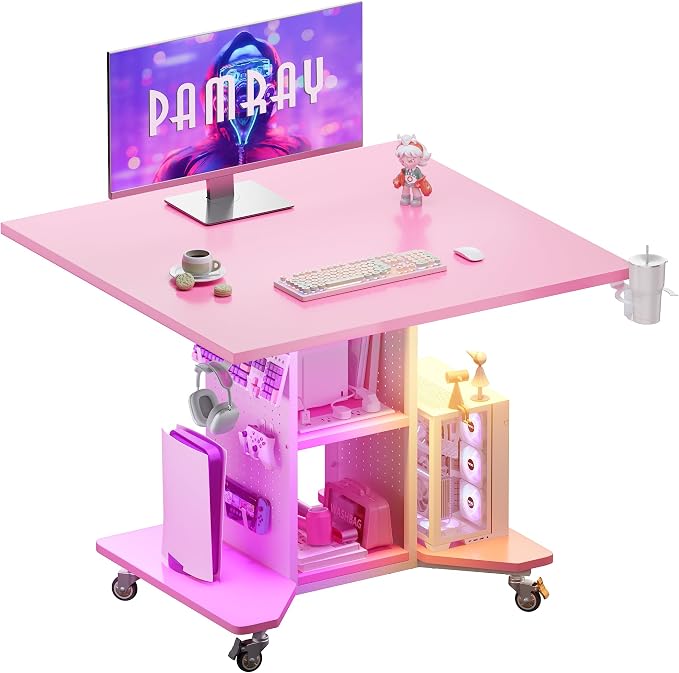 Pamray Small Gaming Desk Rolling Computer Table Pink | Movable, with Led Lights Power Outlets, with Storage Pegboard and Hook, Sturdy, Suitable for Study Gaming Bedroom Dorm