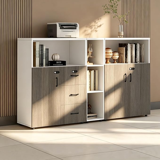 File Cabinet with Password Lock, Wood Lateral Filing Cabinet for Letter/A4 Files, 3 Drawer with Door, Printer Stand with Open Shelves for Home Office