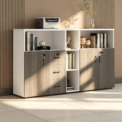 File Cabinet with Password Lock, Wood Lateral Filing Cabinet for Letter/A4 Files, 3 Drawer with Door, Printer Stand with Open Shelves for Home Office