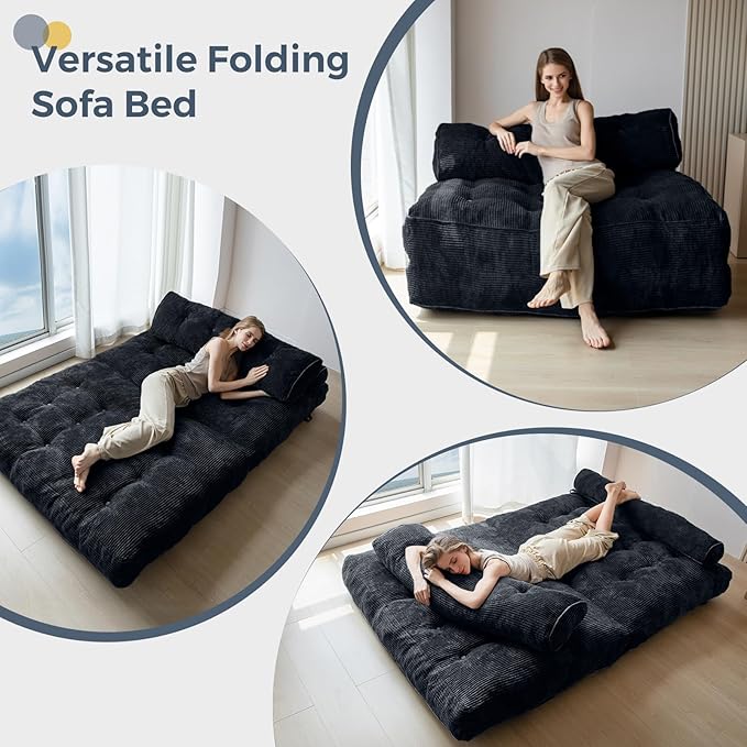 MAXYOYO Folding Sofa Bed, Convertible Chair with Pillow Foldable Couch with Back Support, Portable Fold Out Chair Bed Comfy Floor Sofa Lounge for Living Room Bedroom, Black Double