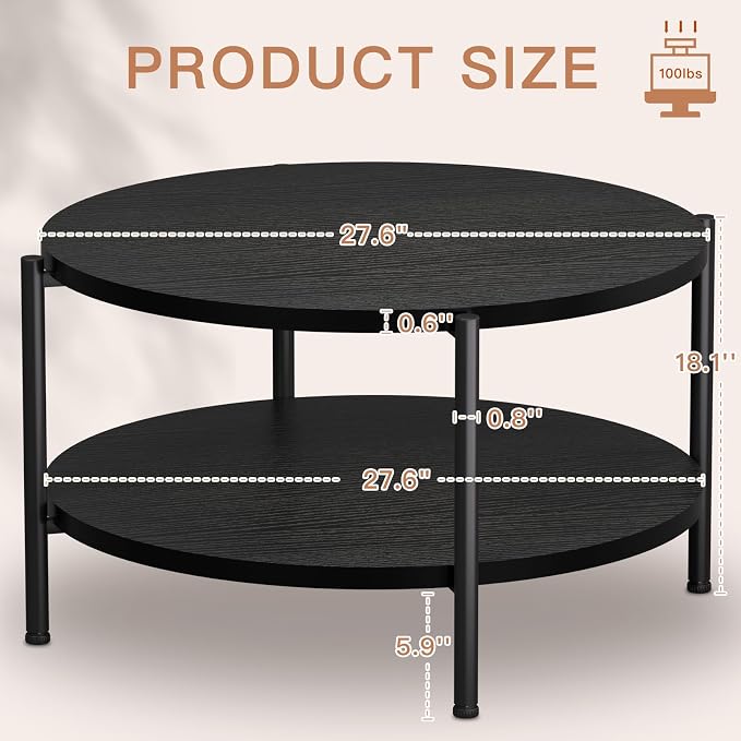 FAMIDGE Coffee Table, 2 Tiers Round Coffee Table, Black Modern Coffee Table for Living Room, Small Space Friendly (Sturdy Metal Frame, Easy Assembly) 27.5x17.7in