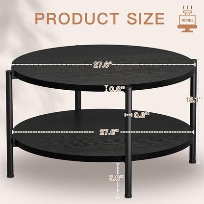 FAMIDGE Coffee Table, 2 Tiers Round Coffee Table, Black Modern Coffee Table for Living Room, Small Space Friendly (Sturdy Metal Frame, Easy Assembly) 27.5x17.7in