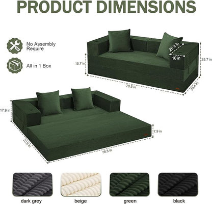 COMAX Queen Size Boneless Couch, 79" Futon Sofa Bed Couches for Living Room, 4 in 1 Convertible Sleeper Sofa Corduroy Couch Bed Foam in a Box, Foldable Cloud Couch Floor Mattress, Green