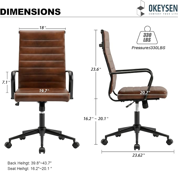 Okeysen Leather Office Desk Chair, Mid-Century Modern Leather Conference Room Chairs, Ergonomic Executive Ribbed Height Adjustable Swivel Rolling Chair for Home Office.