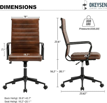 Okeysen Leather Office Desk Chair, Mid-Century Modern Leather Conference Room Chairs, Ergonomic Executive Ribbed Height Adjustable Swivel Rolling Chair for Home Office.