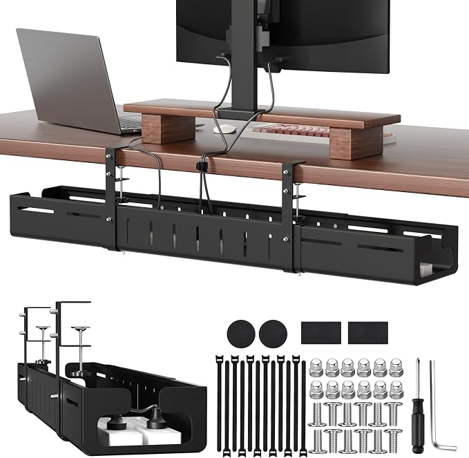 Under Desk Cable Management Tray, Expandable 25.2"–38.6", No Drill Clamp Mount, Cord Management Heavy Duty Carbon Steel Standing Cord Organizer for Home, Office, Gaming, Desk, Black