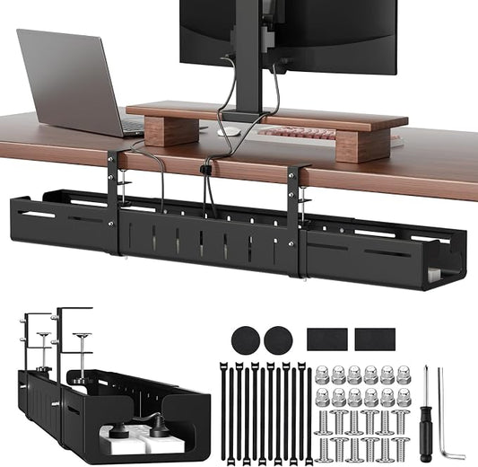 Under Desk Cable Management Tray, Expandable 25.2"–38.6", No Drill Clamp Mount, Cord Management Heavy Duty Carbon Steel Standing Cord Organizer for Home, Office, Gaming, Desk, Black