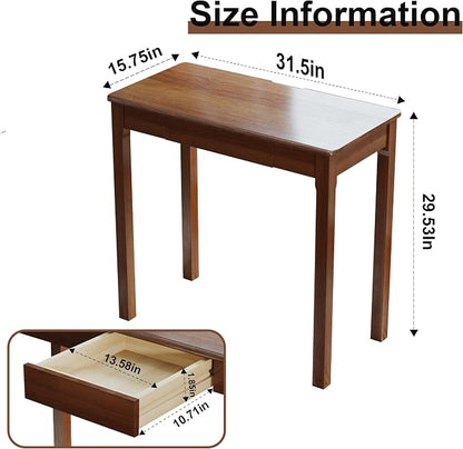 Solid Wood Desk with Drawers - 31.5" Narrow Desks for Small Spaces, Mid Century Modern Desks, Small Wooden Vintage Computer Writing Desk, Study Table for Home Office Bedroom, Walnut
