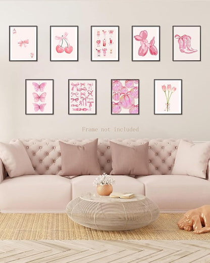 Ucninvd Pink Bow Wall Art Posters Set of 9 Trendy Coquette Preppy Wall Decor Paintings Disco Ball Girly Room Decor Aesthetic Canvas Pictures Prints for Bathroom Living Room Dorm 8x10Inch Unframed