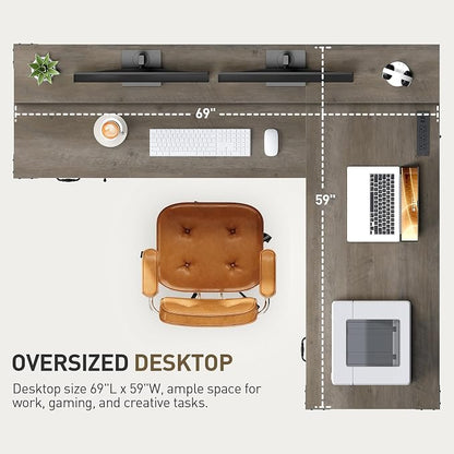 RALGEND Farmhouse 69" Executive L Shaped Desk with Drawer, Home Office Desk with Charging Station, Corner Computer Desk with Monitor Stand, File Drawer, Storage Cabinet, Greige