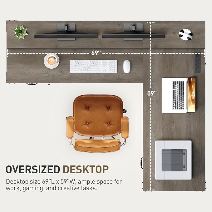 RALGEND 2 Pack Farmhouse 69" Executive L Shaped Desk with Drawer, Home Office Desk with Charging Station, Corner Computer Desk with Monitor Stand,Drawer,Storage Cabinet, Greige