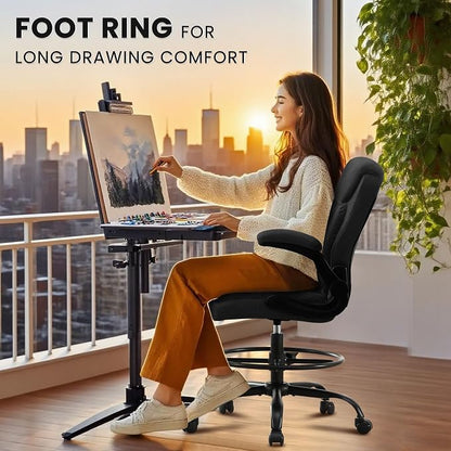 MAHOMICO Drafting Chair for Standing Desk – Tall Office Chair with Adjustable Height & Foot Ring, Flip-Up Arms, Lumbar Support – Comfortable Fabric Seat, Ideal Home Desk Chair