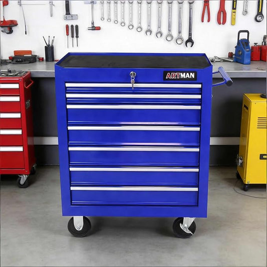 RYH 7 Drawers Rolling Tool Chest & Tool Box on Wheels | Heavy Duty Metal Cart with Ball Bearing Drawers | Fits US General Tool Box for Garage Storage (Blue, 7 Drawers（29.9" H × 24.2" W × 12.9" D)