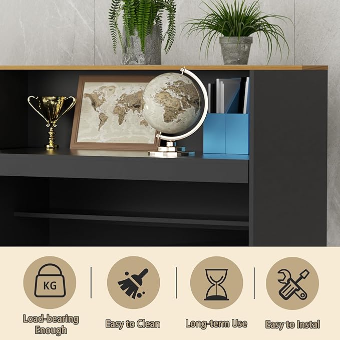 85.8 inches Reception Desk with Counter Modern Front Table Checkout Counter Table Retail Counter for Reception Room,Salon,Office,Store,Shop,Clinic,Lobbies,Retail,Home,Black and Natural