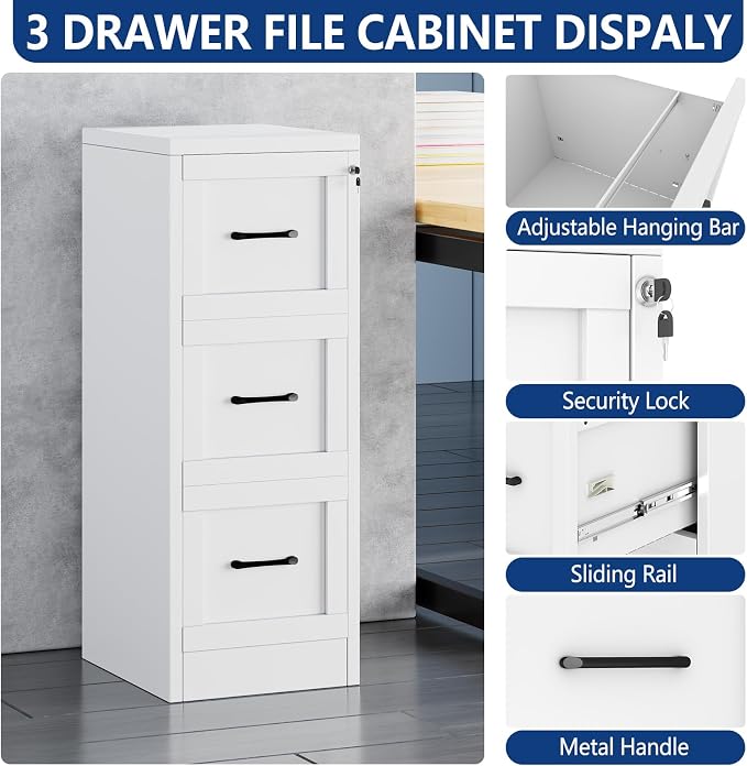Ckzbx 3 Drawer File Cabinet with Lock, Narrow Vertical Filing Cabinet, Under Desk File Cabinets,White Metal File Cabinets for Home Office,Fit Letter/A4/Legal Size File