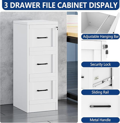 Ckzbx 3 Drawer File Cabinet with Lock, Narrow Vertical Filing Cabinet, Under Desk File Cabinets,White Metal File Cabinets for Home Office,Fit Letter/A4/Legal Size File