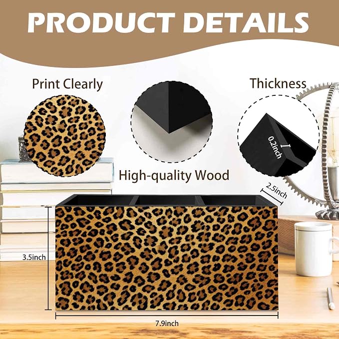 DILSJ Trendy Retro Leopard Pen Pencil Holder Organizer for Desk, Cheetah Print Room Decor, Golden Cheetah Print Office Supplies Wooden Box Signs for Women Office Desk Tabletop Decoration