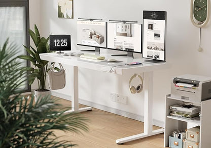 Claiks Glass Standing Desk with Drawers, 55 Inch Adjustable Stand Up Desk, Quick Install Home Office Computer Desk with USB Ports, White