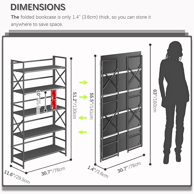 4NM Extra Wide 5 Tiers No Assembly Book Shelves, 51.2" H Folding Bookshelf Bookcase Open Industrial Foldable Shelves for Bedroom, Living Room, Home Office - All Black