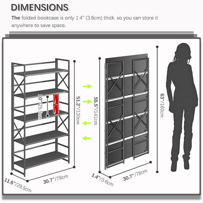 4NM Extra Wide 5 Tiers No Assembly Book Shelves, 51.2" H Folding Bookshelf Bookcase Open Industrial Foldable Shelves for Bedroom, Living Room, Home Office - All Black