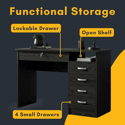 Furnifact Black Home Office Desk with 5 Drawers and Open Shelf, Lockable Storage Computer Desk and Study Table Ideal for Work from Home Setup