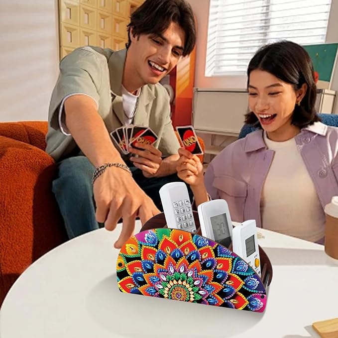 DIY Diamond Painting Storage Box Mandala Design 5D Rhinestone Diamond Art Case Multi-Compartment Wooden Desktop Organizer for TV AC Remotes Makeup Brushes Pens Holder Tabletop Craft Storage