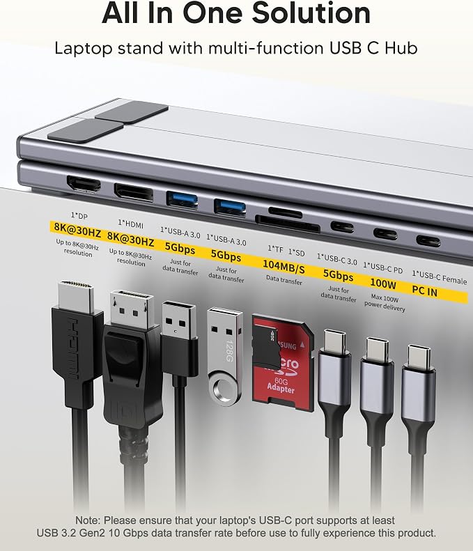 USB C Laptop Docking Station Stand Dual Monitor, Single 8K for Windows DP 1.4 or Dual 4K for Win and Mac, 9 in 1 USB C Hub with HDMI+DP, 2*USB 3.0, PD 100W, USB C 3.0, SD/TF, Universal Dock Station