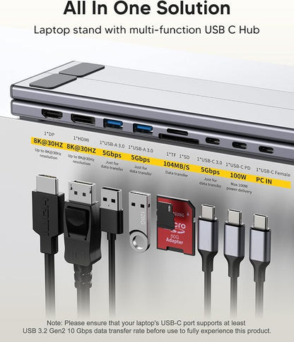 USB C Laptop Docking Station Stand Dual Monitor, Single 8K for Windows DP 1.4 or Dual 4K for Win and Mac, 9 in 1 USB C Hub with HDMI+DP, 2*USB 3.0, PD 100W, USB C 3.0, SD/TF, Universal Dock Station
