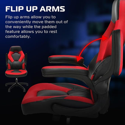 RESPAWN 3085 Ergonomic Gaming Chair for Adults, High Back Office Chair with Headrest and Flip Up Arms, Leather Racing Style Gaming Seat with Lumbar Support, Video Game Computer Desk Seat - Red