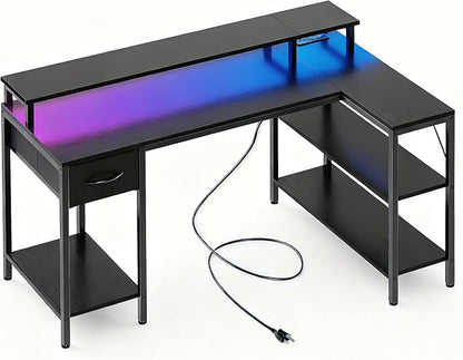 Alpen Corner Desk, 53 Inch L Shaped Desk with USB Charging Port and LED Light, Computer Desk with Storage Shelves & Monitor Stand, Corner Gamer Desk Table for Bedroom, Black