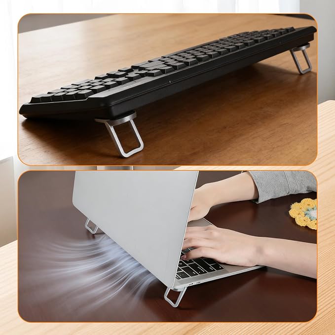 2Pcs Plastic Portable Keyboard Riser for Desk, Mini Foldable Laptop Keyboard Stand with 2 Angle Settings and Self-Adhesive Foldable Feet Adjustable Ergonomic Notebook Holder for Most Keyboards(Sliver)