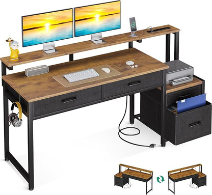AODK Computer Desk with 4 Drawers, 55 Inch Office Desk with Printer Shelf & Built-in Power Outlet, Work Desk with Monitor Shelf for Home Small Spaces, Rustic Brown