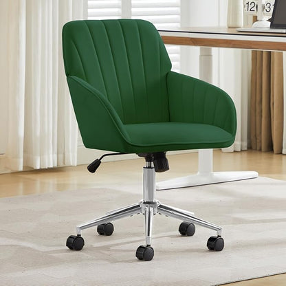 YITAI Velvet Office Desk Chair with Silver Foot Base, with Wheels,Modern Height Adjustable 360 Degree Swivel Upholstered Vanity Chairs with Arms for Living Room Bedroom,Green