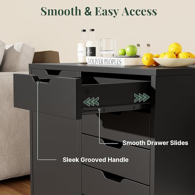 5-Drawer Mobile File Cabinet, Office Organizer with Door Black | Office Storage with Door and Adjustable Shelf Lockable Casters, Wood Printer Stand for Home Office, Living Room, Entryway